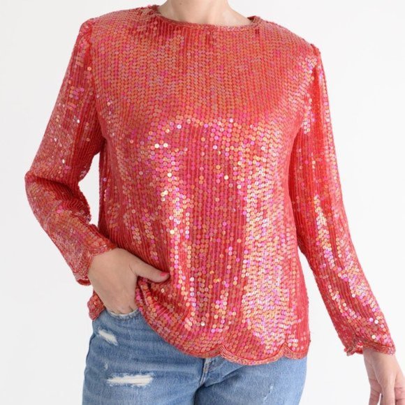 Lord &Taylor Red Sequin Long Sleeve 100% Silk Shirt with Shoulder Pads Small - Picture 3 of 10